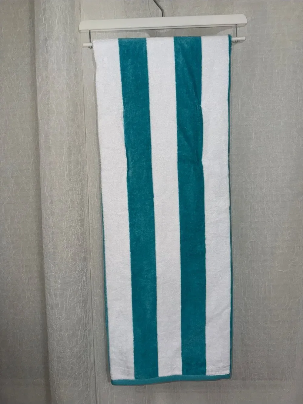 Teal Green White Cabana Stripe Large Cotton Beach Towel